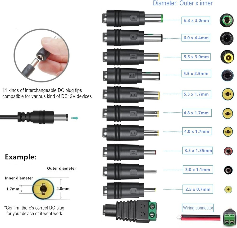 Lightweight 24W Universal AC Adapter DC12V 2A with 11 Tips for Multiple Devices