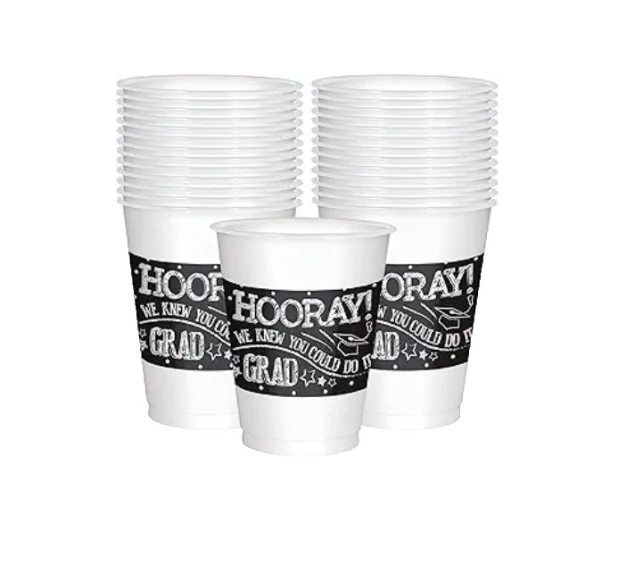 Amscan Hooray Grad Printed Plastic Cups, 16 oz, Black & White