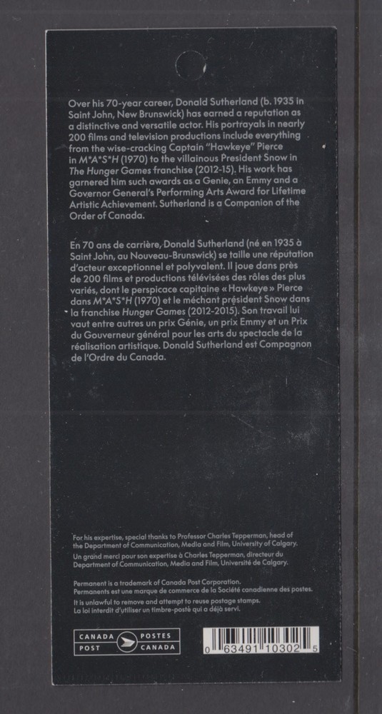 Canada BK822 Donald Sutherland Complete Booklet 10xP stamps