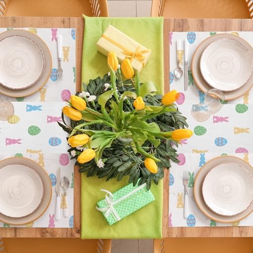 Mindsoft 7 Pcs Easter Buffalo Bunny Rabbit Table Runner and Placemat Bunny Egg