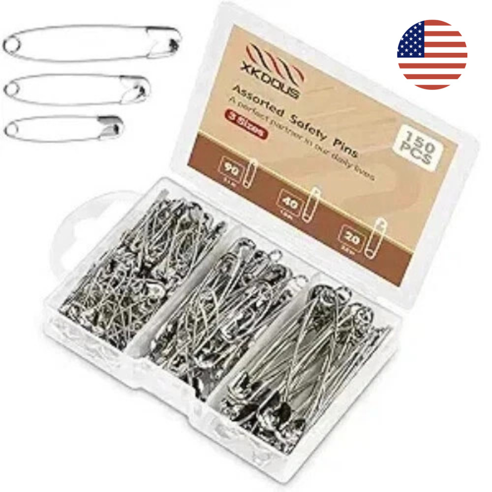 150 Pcs Silver Safety Pins Assorted Sizes Bulk Pack Small & Large Heavy Duty