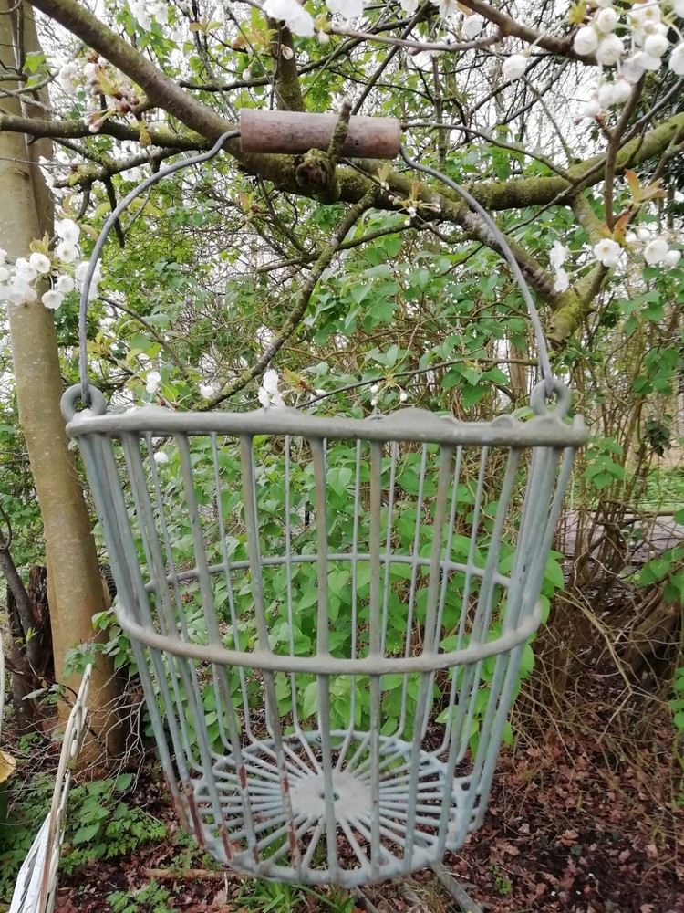 Vintage Metal Open Work Basket With Turned Wood Handle