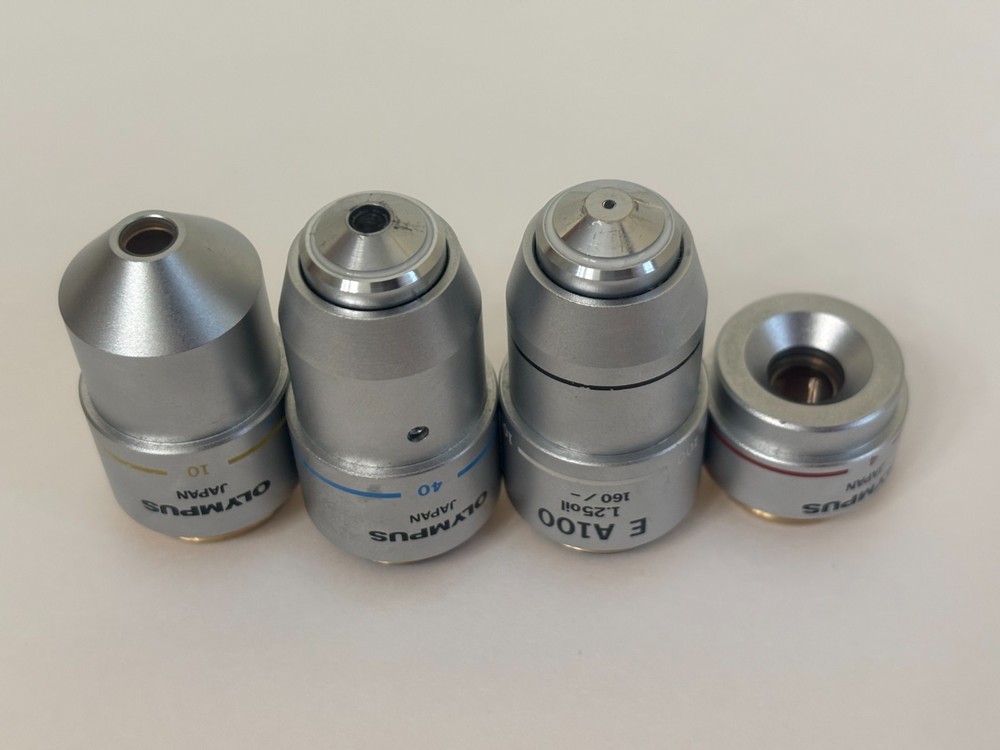 Olympus CH2 Four Microscope Objectives E A4, E A10, E A40, E A100 Oil