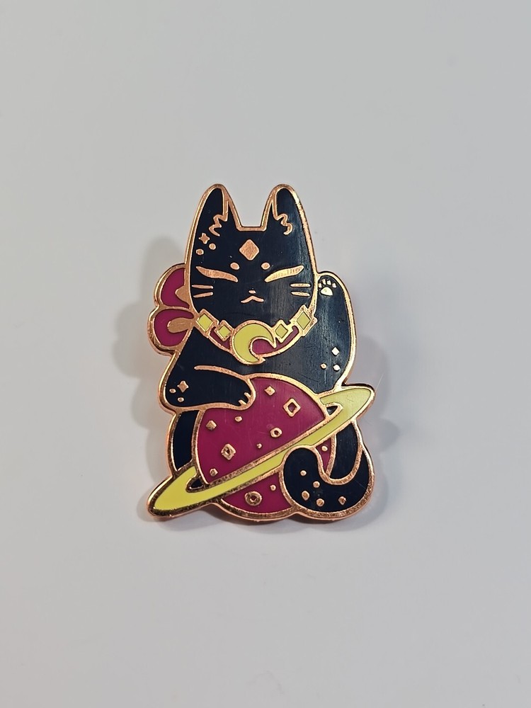 Black Cat Hugging Red Planet Lapel Pin