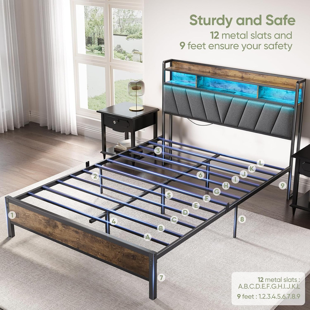Queen Bed Frames with Headboard, LED Lights Queen Size Bed Frame with Charging S