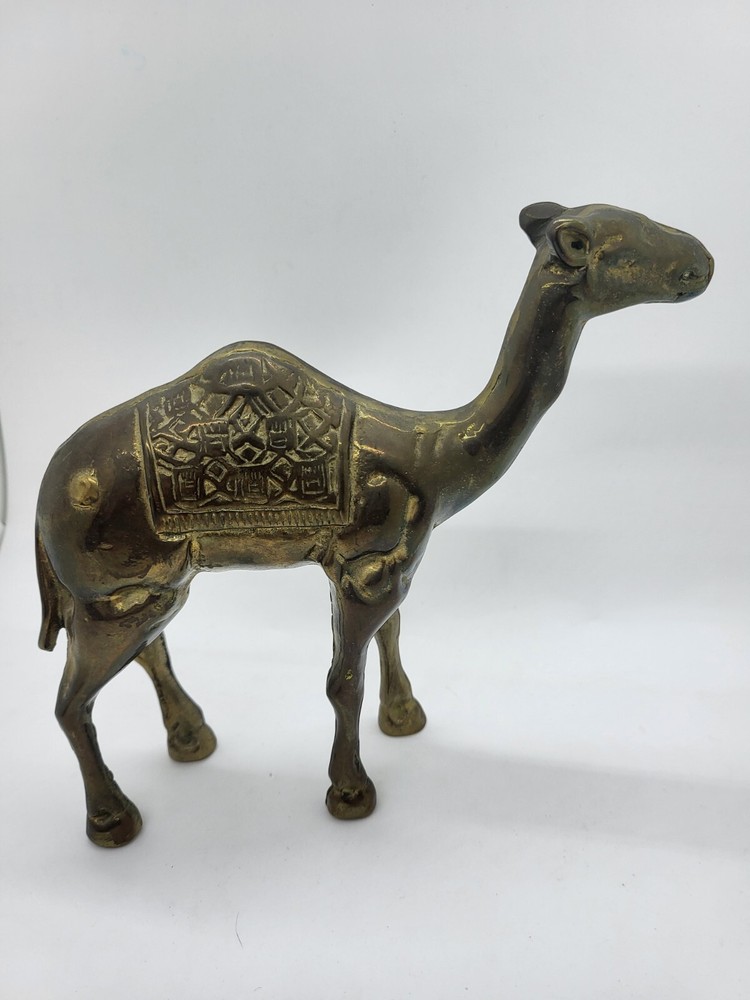 Vintage Solid Brass Camel Statue Figurine w/ Etched Embossed Blanket Design