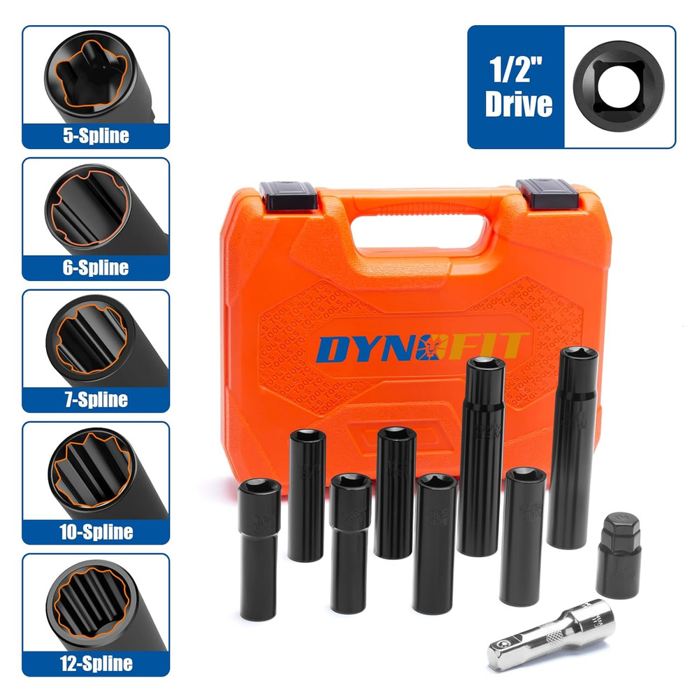 Spline Lug Nuts Socket Set (10Pcs) with 1/2" Drive Impact Square End for Spline