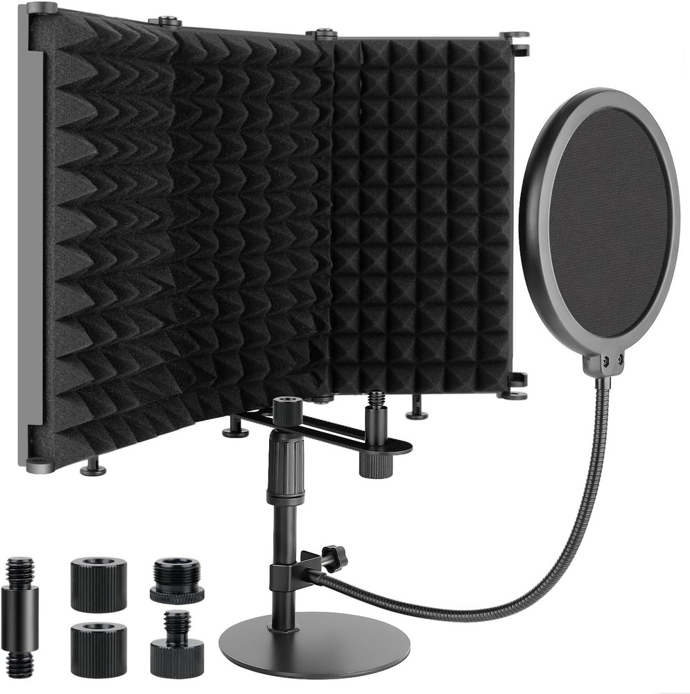 Microphone Isolation Shield with Mic Stand and Pop Filter, Foldable Sound Shield