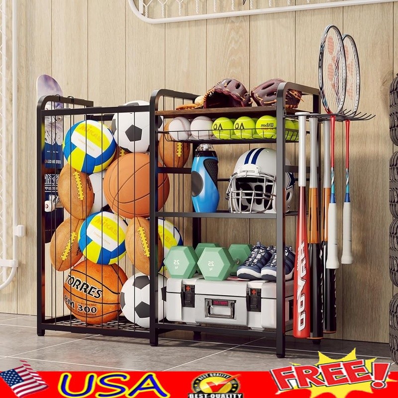 Sports Ball Storage Rack W/ Pull-Out Basket Multi-Function Hooks Organizer Black
