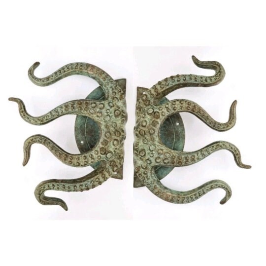 2 RUSTIC heavy Brass Stunning Large Octopus Solid  Door Handle grab PULLS aged