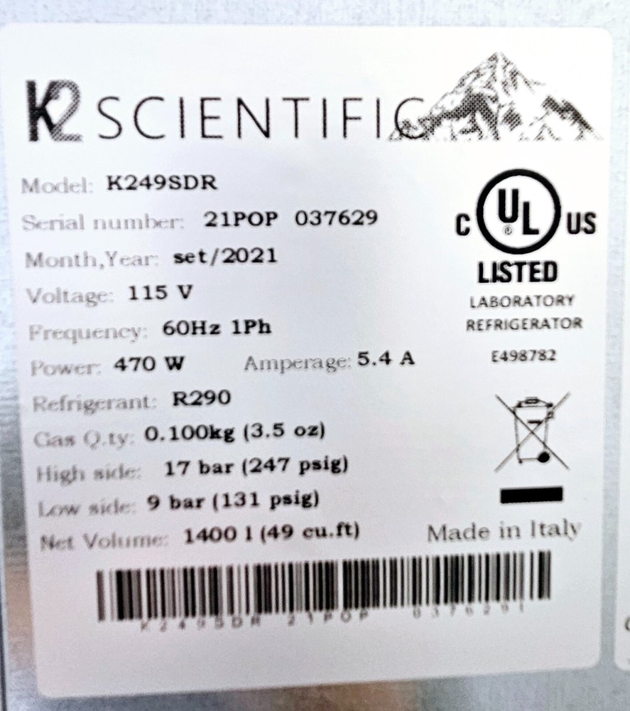 Practically New K2 Scientific Refrigerator - 49 Cu Ft - Model K249SDR