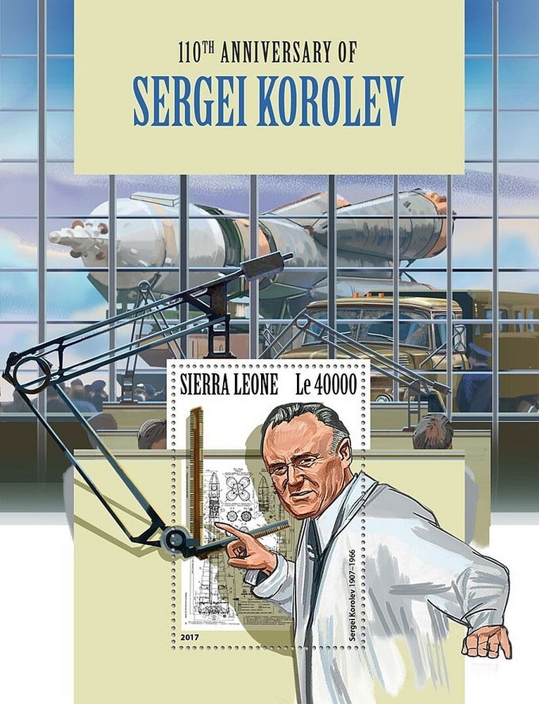 SERGEI KOROLEV Soviet Rocket Engineer Space Stamp Sheet #3 (2017 Sierra Leone)