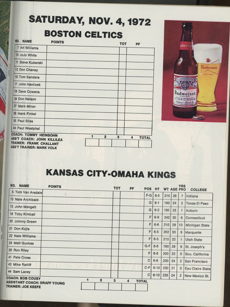 11/4/72 KC Omaha Kings at Boston Celtics Program • Unscored