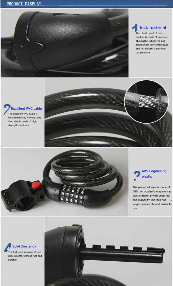 Black Color 5 Digit Combination Password Bicycle Cable Chain Lock