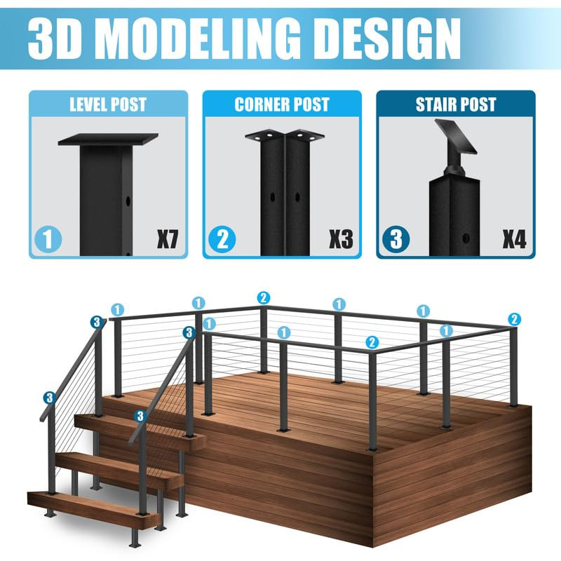 10FT Black Cable Railing Post Kit - 3 Line Deck System for DIY Projects