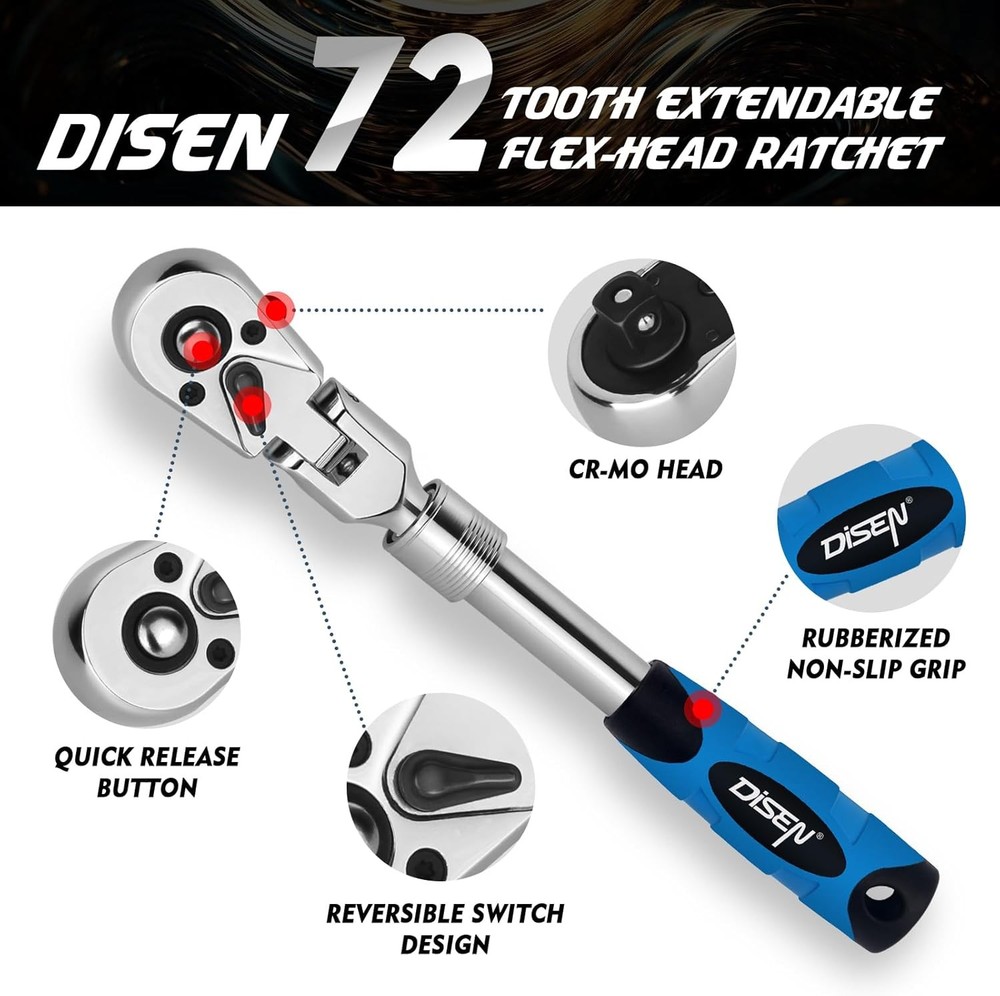 3-Piece Extendable Flex-Head Ratchet Wrench Set with EVA Storage Case