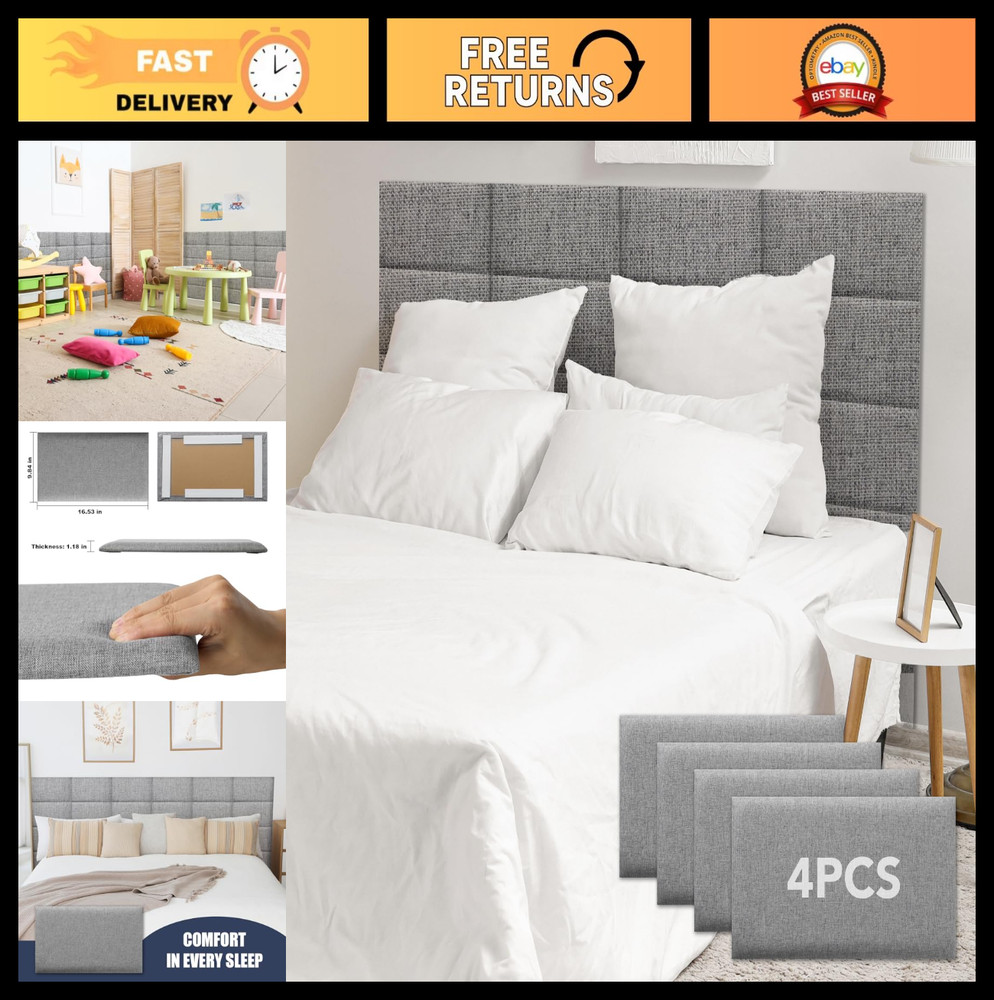 4-Piece Peel and Stick Linen Fabric Headboard, Wall-Mounted Upholstered Panel, S