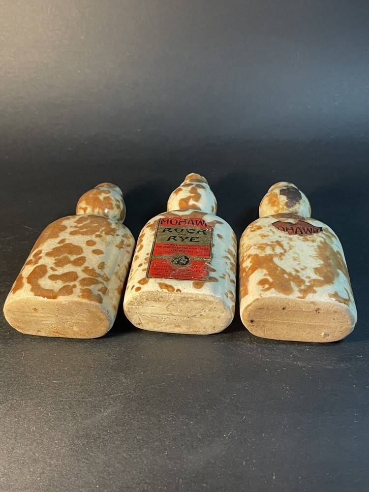 Mohawk Rock & Rye Stoneware Bottles, orig label On One -empty - Crazing