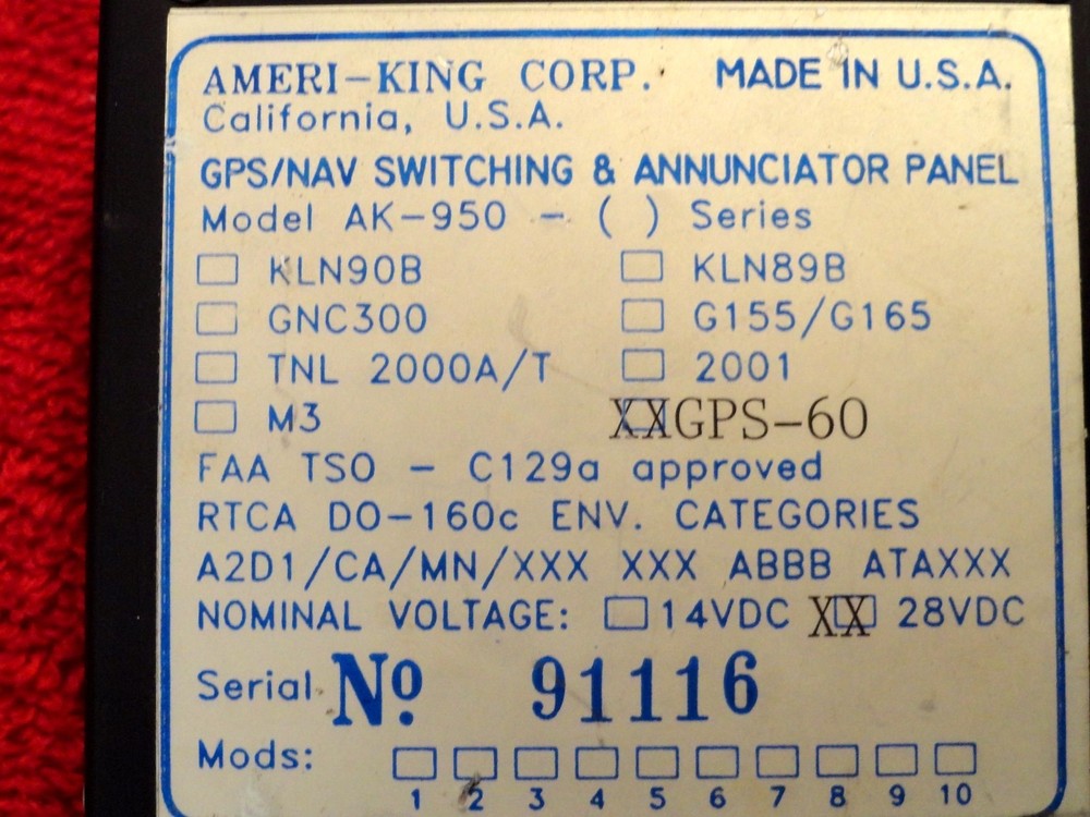 AMERI-KING AK 950 GPS/NAV SWITCHING & ANNUNCIATOR PANEL FOR GPS 60 AND CONNECTOR