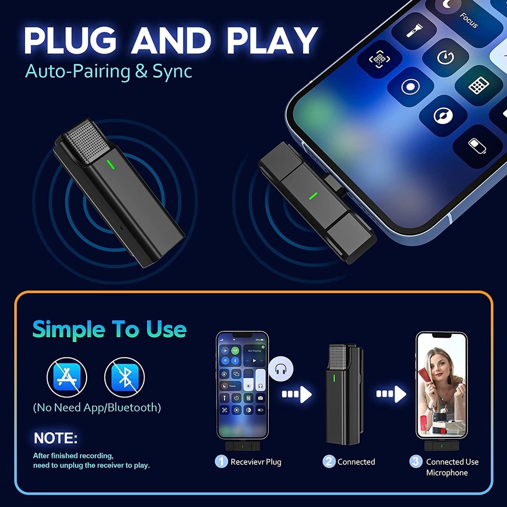 Plug-Play Wireless Lavalier Microphone for iPhone iPad with Charging Case, MPEDO