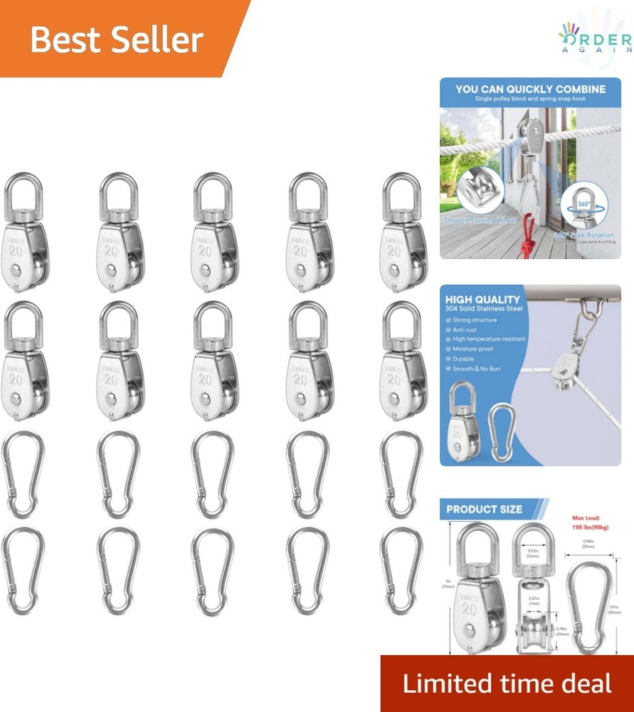 10Pcs Stainless Steel M20 Pulley Block with 10Pcs Spring Snap Hook Multi-Use