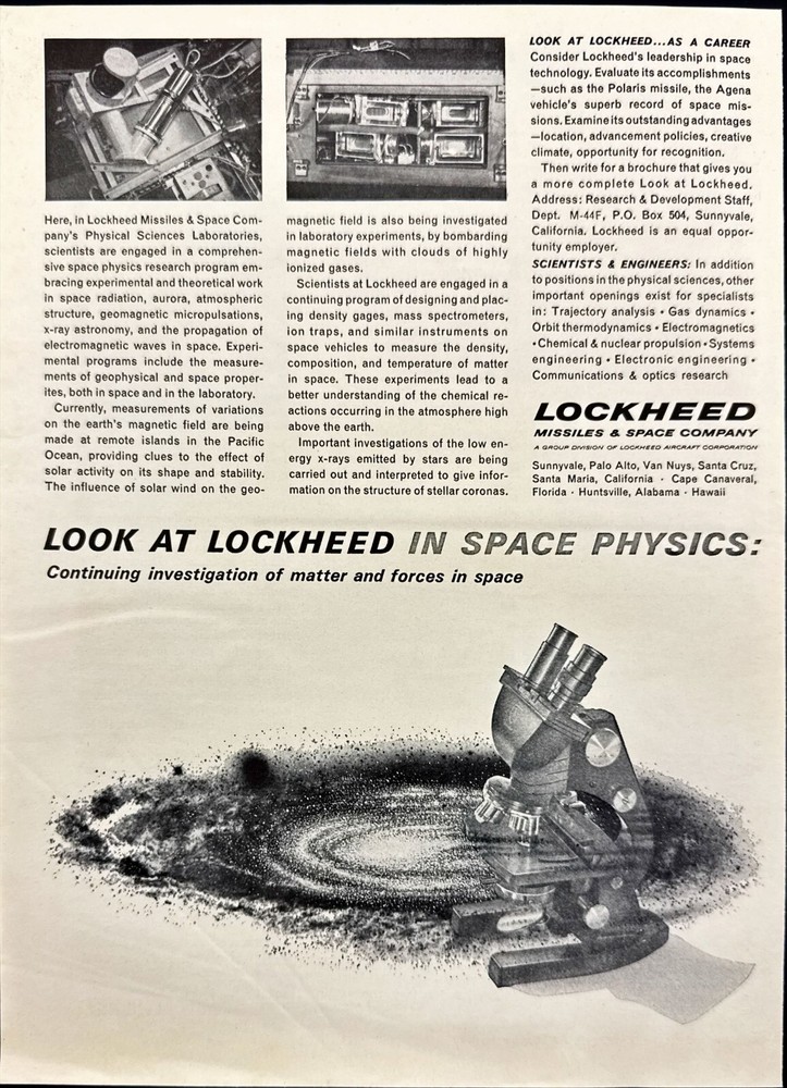 Lockheed Missiles & Space Physics Focus in Space Print Ad 1963