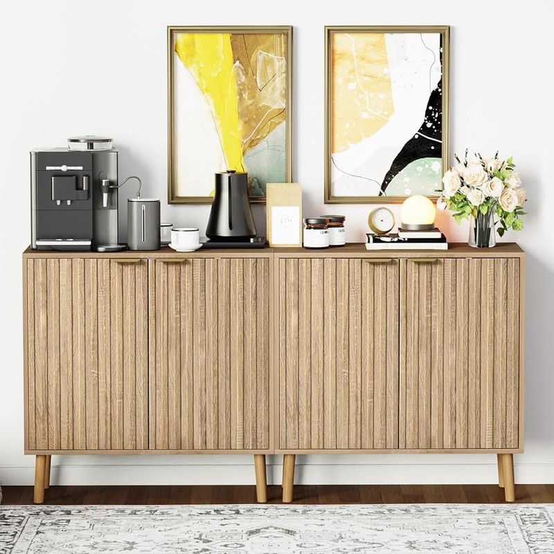 Fluted Storage Cabinet Adjustable Shelves Multifunctional Buffet Sideboard Home