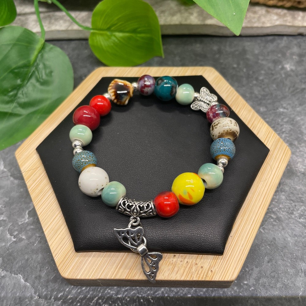 Handmade Ceramic Bead Beaded Stackable 6.25” Plus Stretch Bracelet New B488