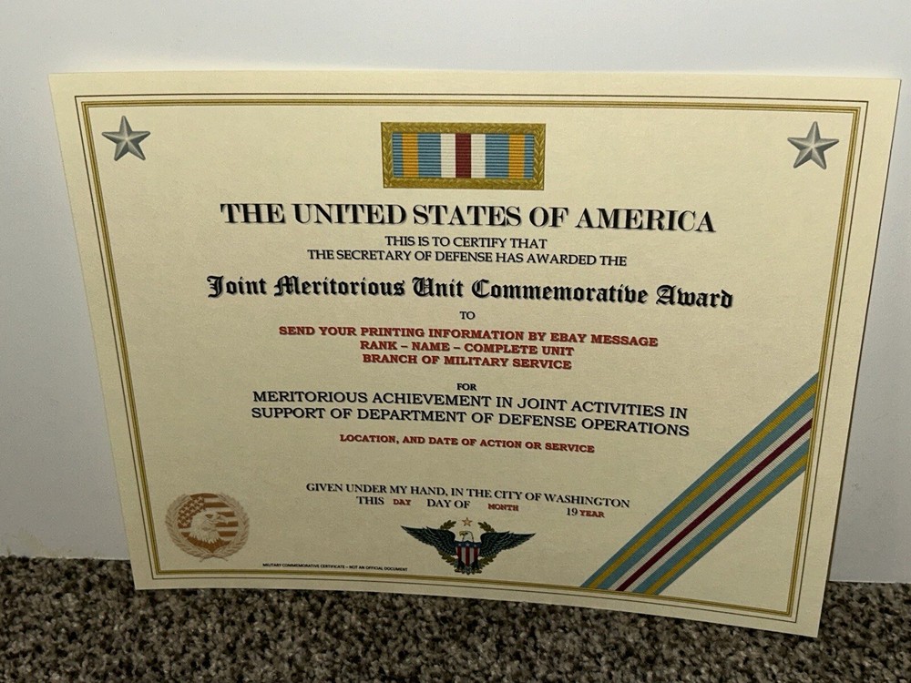 JOINT MERITORIOUS UNIT COMMEMORATIVE AWARD CERTIFICATE ~W/PRINTING T-1