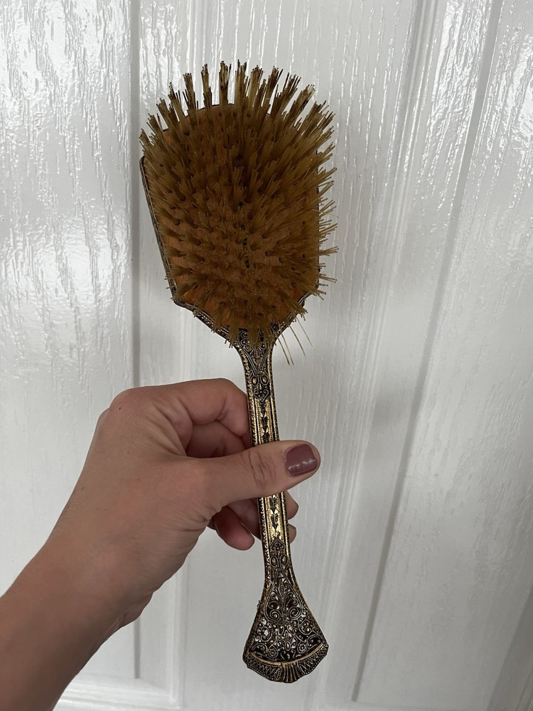 Vintage Embroidered Scroll Work Hand Held Vanity Mirror & Brush Set Gold Tone