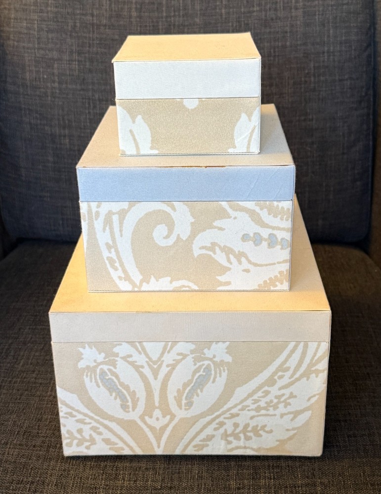 3 Pc Dennis Basso Home Nesting Decorative Storage Boxes Damask Fabric Cream Blue