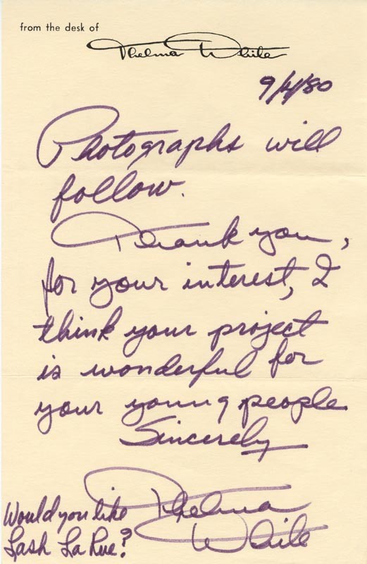 THELMA WHITE - AUTOGRAPH NOTE SIGNED 09/04/1980