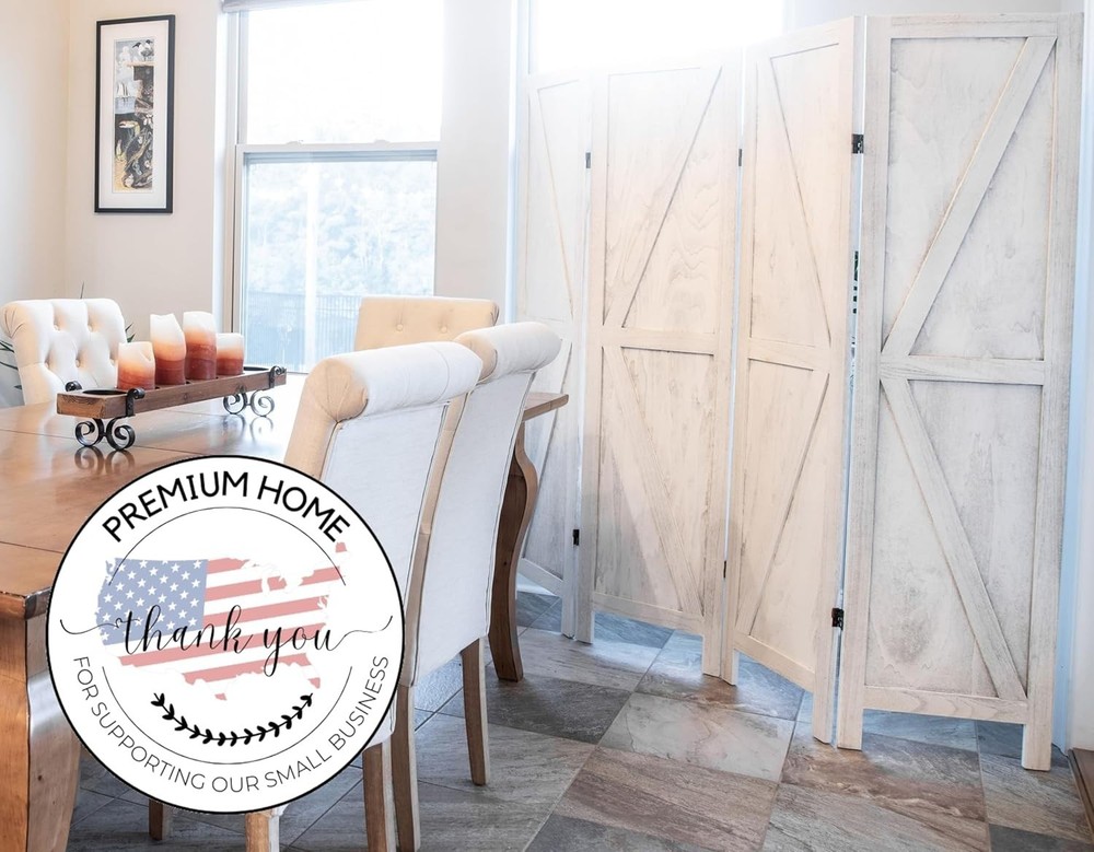 Rustic White 4-Panel Room Divider - Easy to Move Folding Privacy Screen
