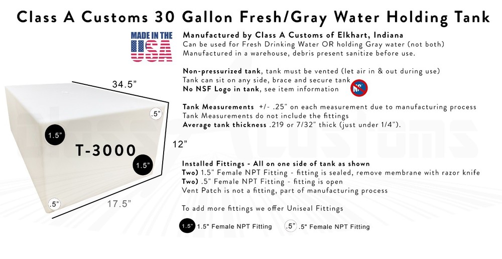 30 Gallon Fresh Water Holding Tank & 12 Volt Water PUMP ~~T-3000-CAC-WP-12V30