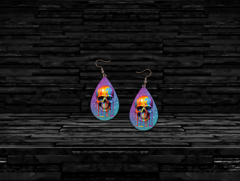 Glitter Rainbow Dripping Skull Teardrop Earrings