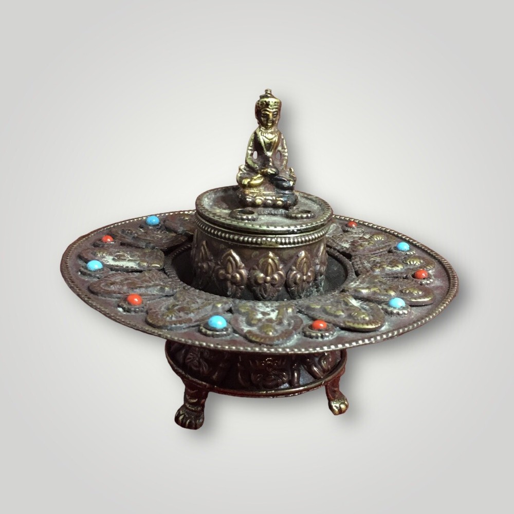 ANTIQUE SMALL  BUDDHA CENSOR/INCENSE BURNER W/ RUBY STONES