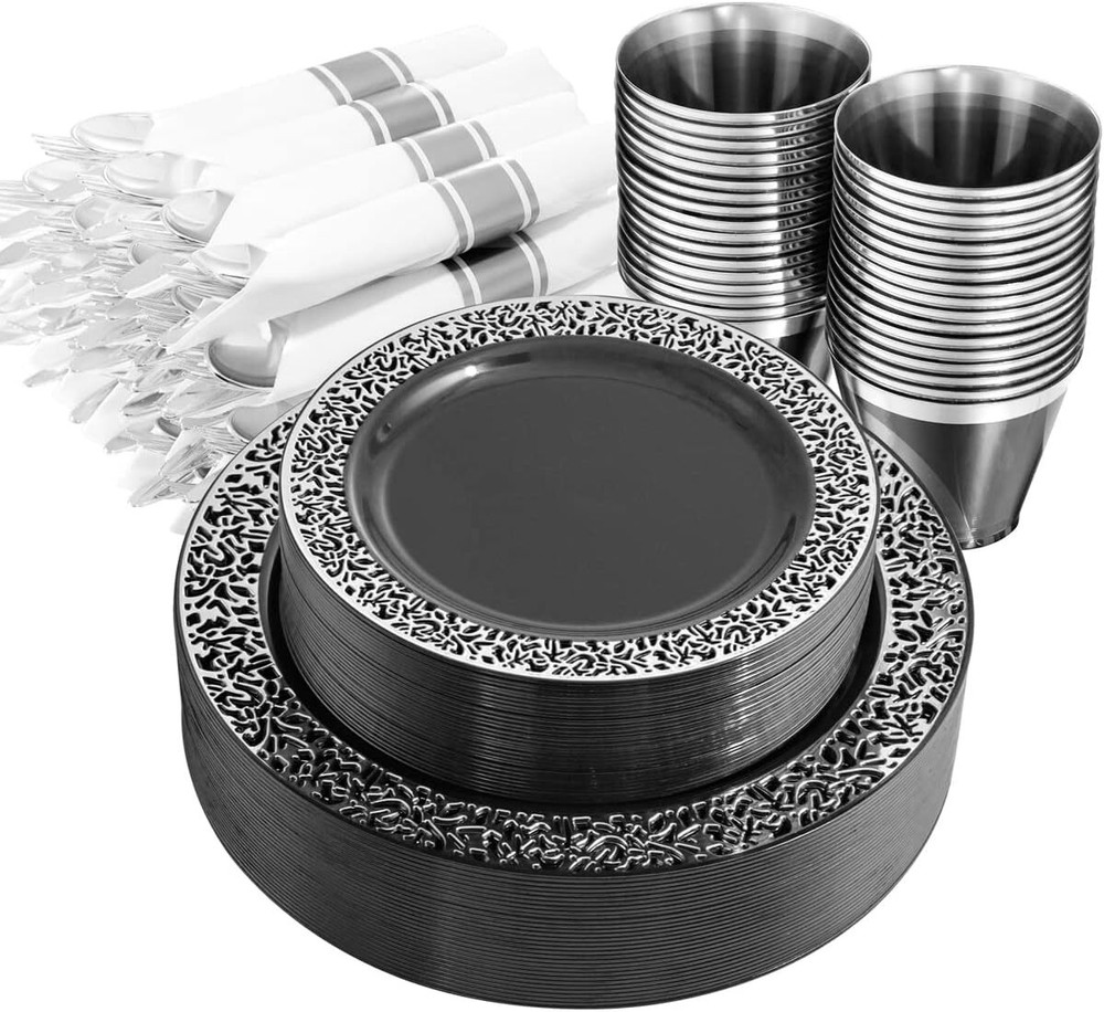 210 disposable black plastic plates with prepackaged silverware and cups