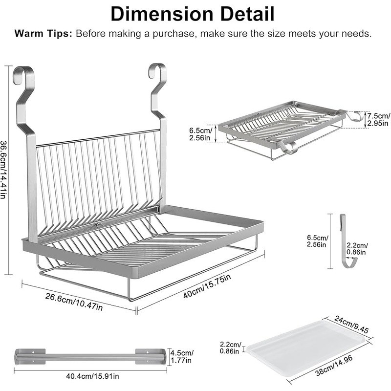 Stainless Steel Dish Drying Rack Wall Mount Space Saving Drainboard Hooks New