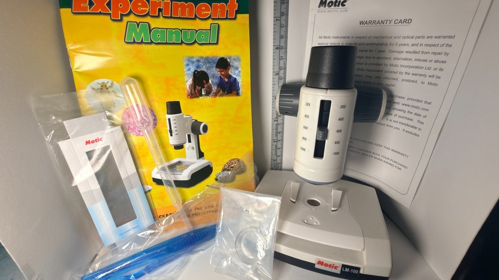 Motic LM-100 Microscope Kit WORKING w Case Sample Slides Tools Student Lab Set