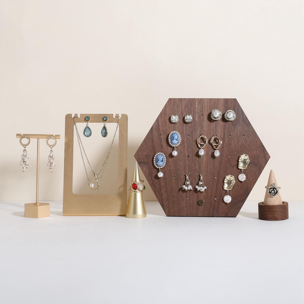 GemeShou Walnut earring organizer board, Hexagon sharp earring display stand ...