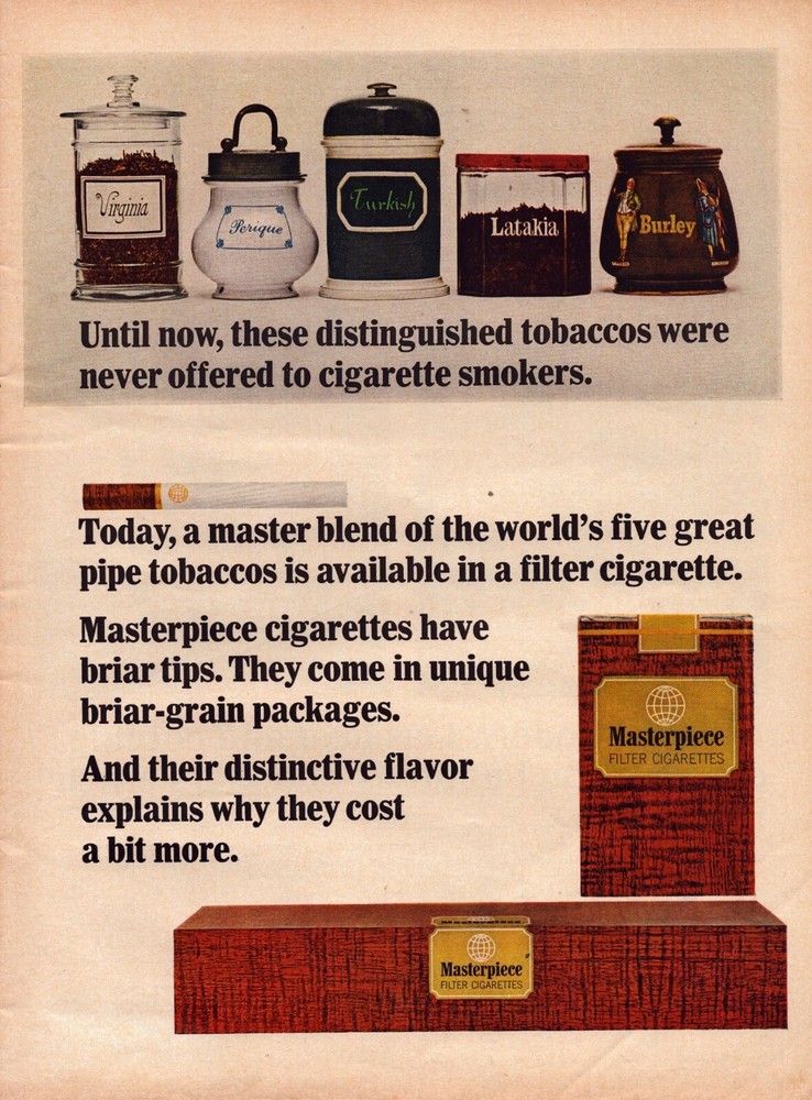1965 Masterpiece Tobacco Print Ad Master Blend Filter Cigarettes