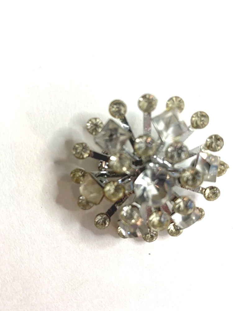 Round Pin Brooch Silvertone CLEAR Rhinestones