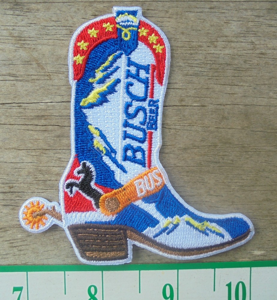 BUSCH BEER "COWBOY BOOT" IRON ON PATCH  3.25 BY 3"