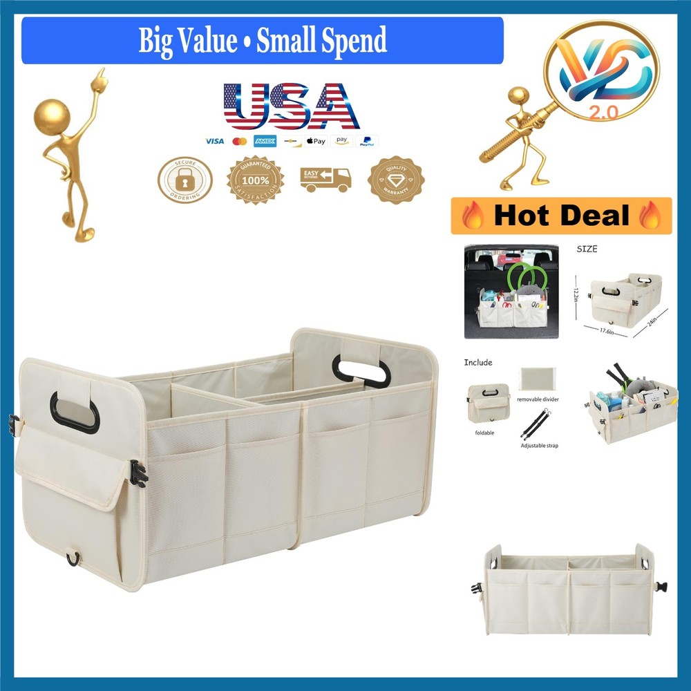 Car Trunk Organizer Collapsible Multi-Compartment Storage Bag Beige