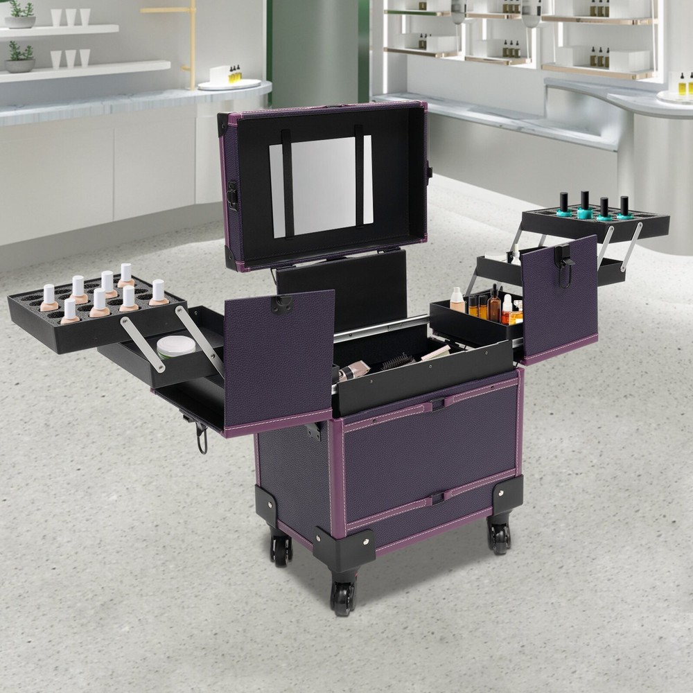 Modern Rolling Makeup Train Case Trolley Cosmetic Organizer Box with Mirror