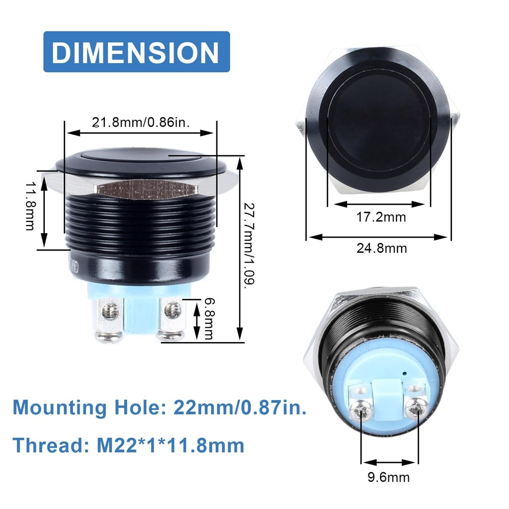 1pc 22mm Momentary Metal Waterproof Push Button Flat Head, Black