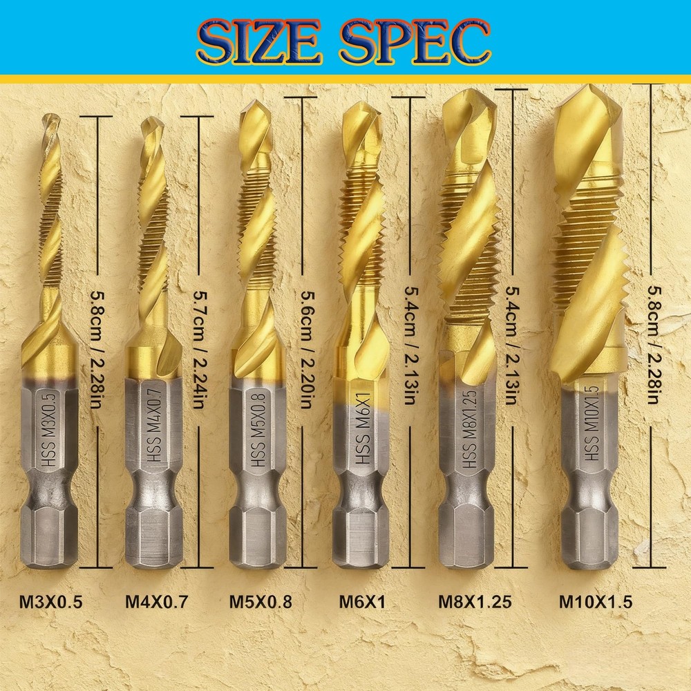6 Pcs Drill Tap Set | Titanium Plated Combination Taps Bit | M3 M4...