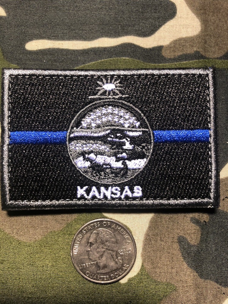 KANSAS STATE FLAG POLICE BLUE LINE PATCH TACTICAL SUBDUED WITH HOOK BACK