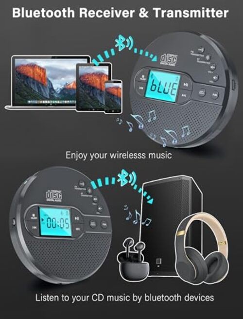 Portable CD Player with 2000mAh Rechargeable Battery-Bluetooth Connect CD Grey