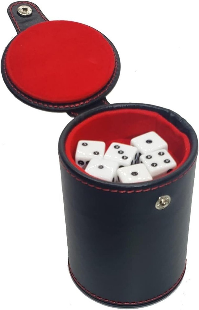 (6) White Pip Dice Squared + PU Leather Red Felt Lined Dice Cup Compartment New